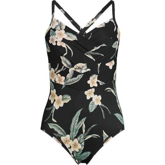 Land's End Plus slender suit pleated X back 1 piece swimsuit black floral Var - Picture 1 of 12